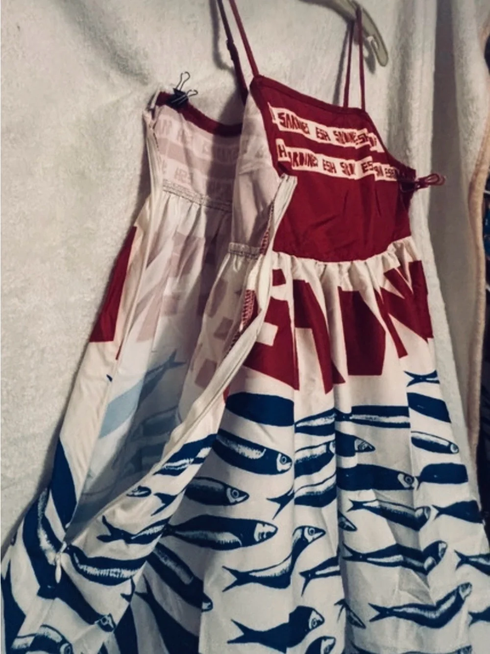 Red & White Graphic Sardine Print Maxi Dress